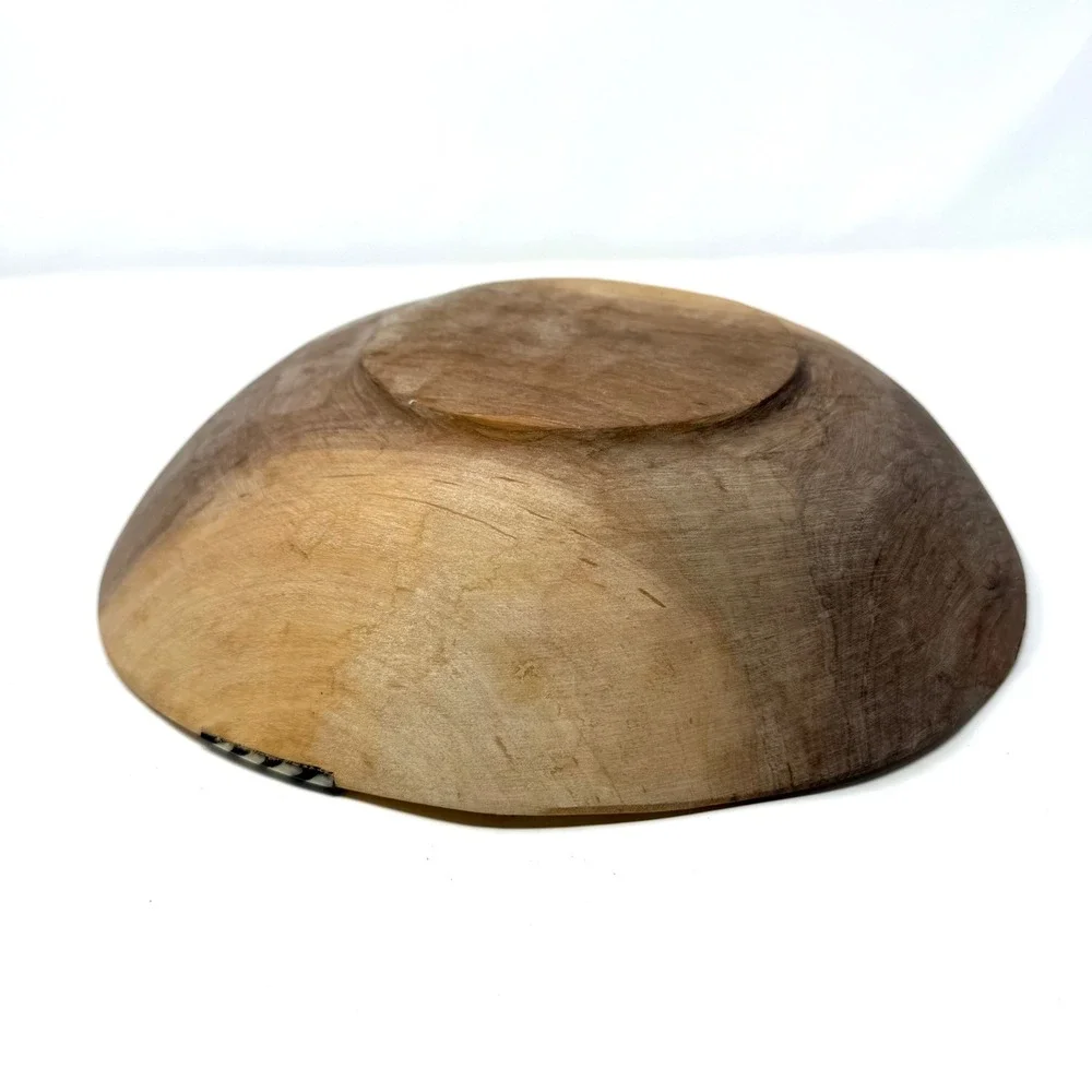 Hand Carved Wooden Bowl with Zebra Pattern Bone Inlay Tribal Boho Decor 11.5 x3
